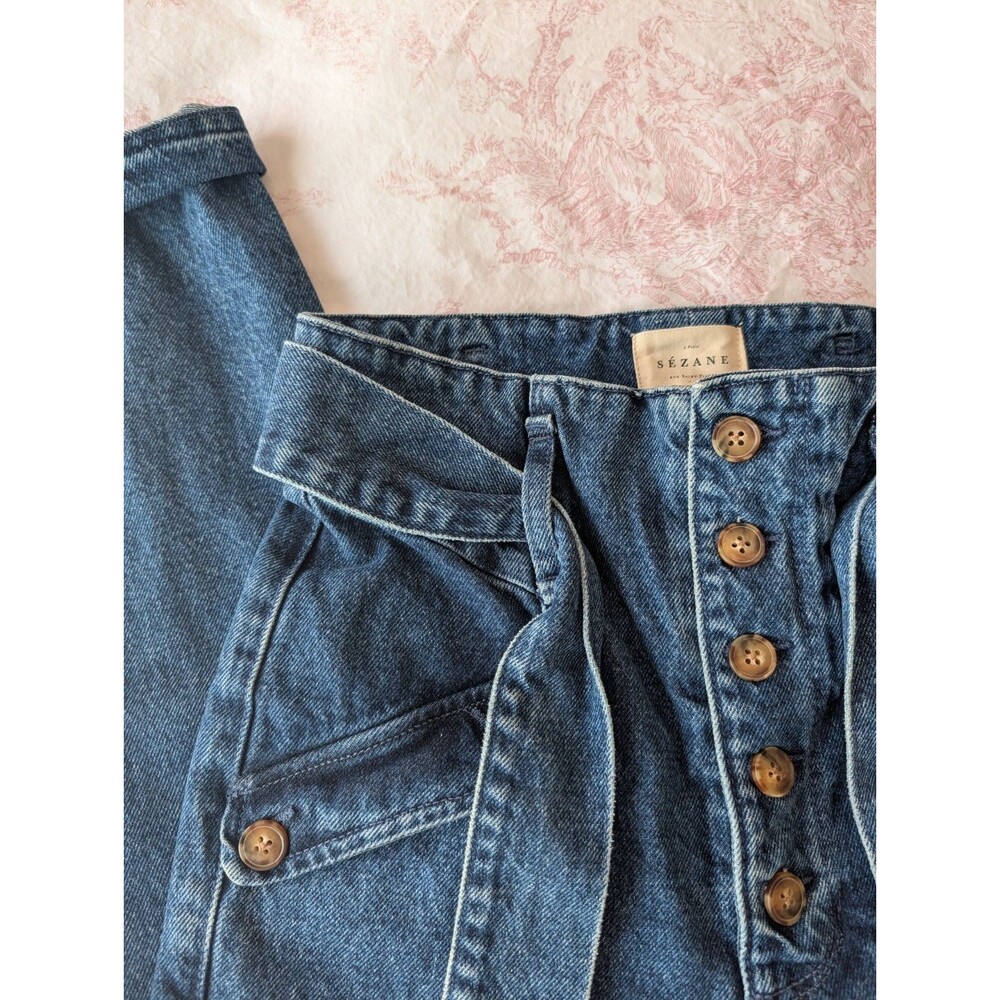 SEZANE Paris Paper Bag Waist Style Belted Denim Blue Jeans Size 34